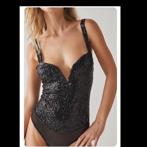 Free People Black Sequin Bustier Bodysuit